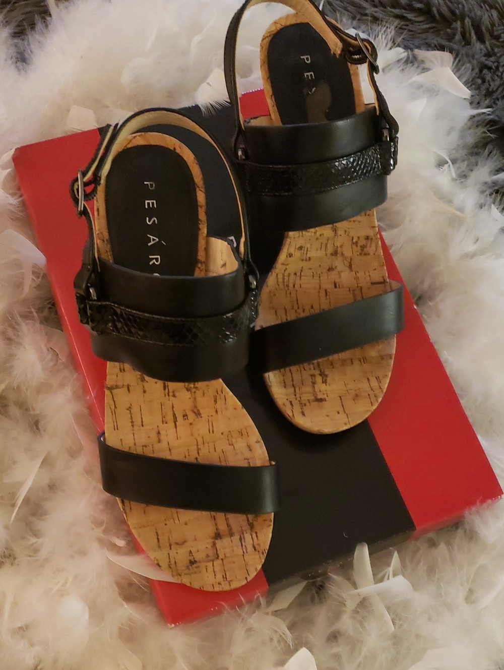 Pesaro Black Leather Cork Wedge Sandals with Ankle Buckle